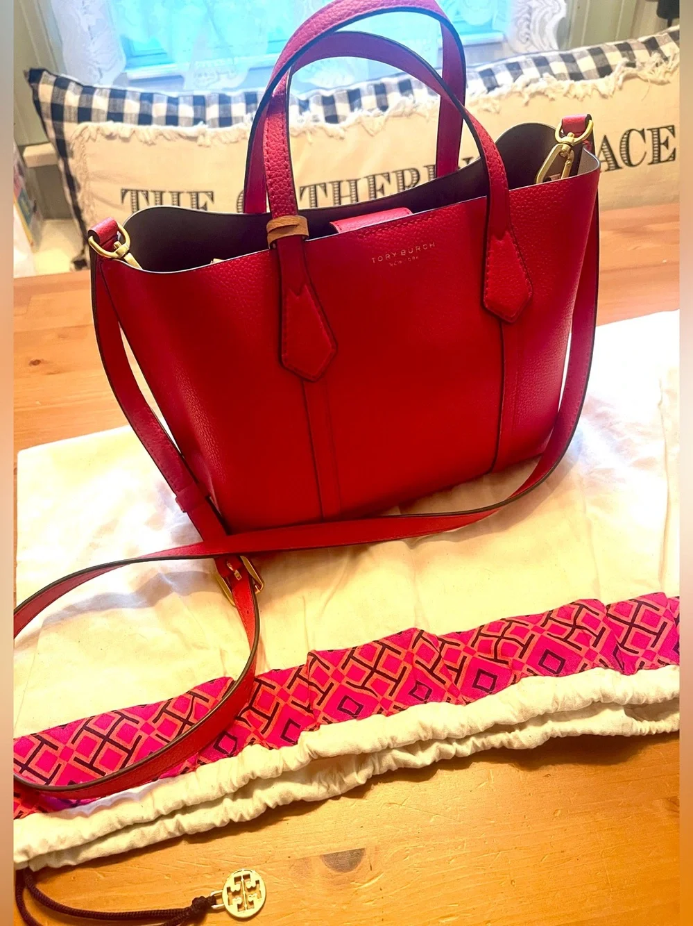 Tory Burch Perry Small Red Leather Tote Detachable Strap Crossbody